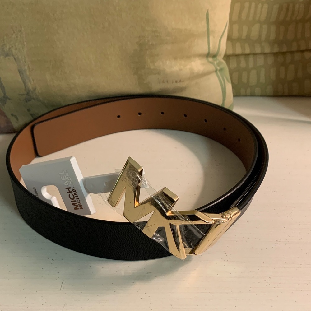 Michael Kors REVERSIBLE Black & Tan Leather Belt with Goldtone MK Buckle
